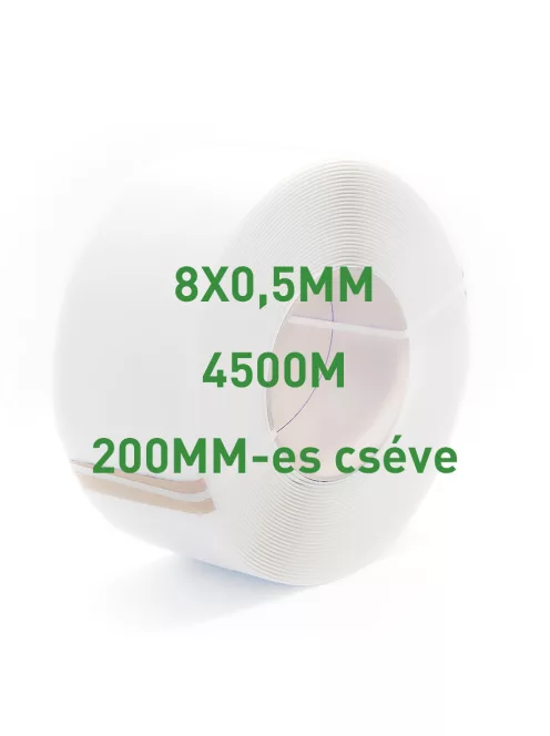 Fehér PP pántolószalag; 8X0,5MM; 4500M; 200MM-es cséve