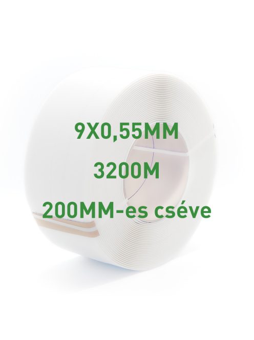 Fehér PP pántolószalag; 9X0,55MM; 3200M; 200MM-es cséve