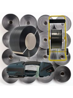   20 tekercs 16mm-es fekete pántolószalag akkumulátoros pántológéppel és pántszalag tartó kocsival