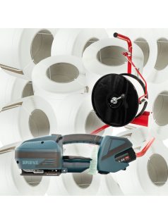   20 tekercs 16mm-es fehér pántolószalag akkumulátoros pántológéppel és pántszalag tartó kocsival